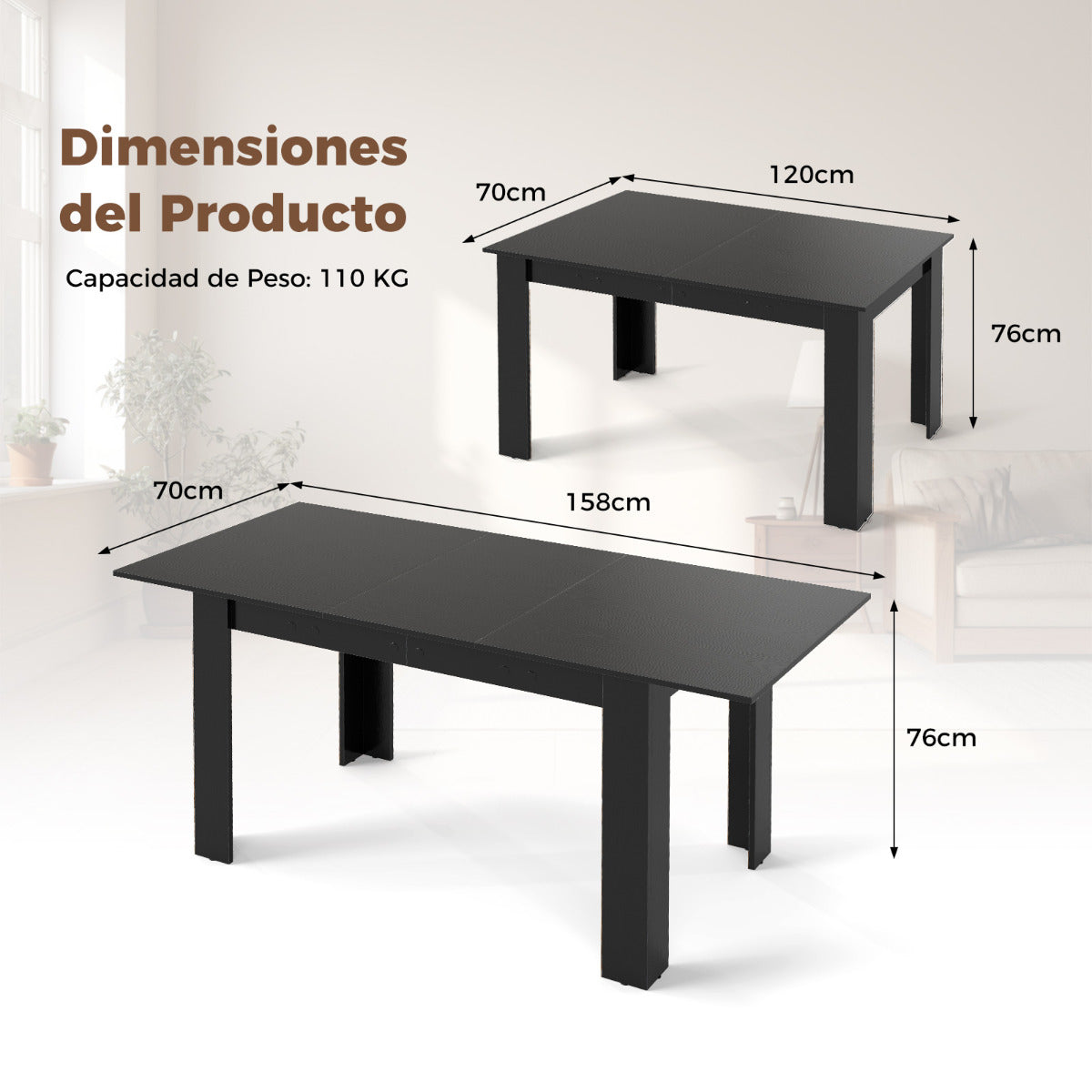 Mesa de Comedor Extensible Mesa de Cocina Moderna con Superficie Ajustable Patas en Forma de L Carga de 110 KG 158 x 70 x 76 cm Negro