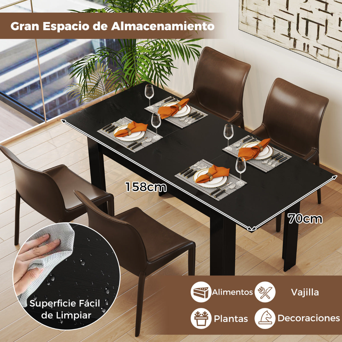Mesa de Comedor Extensible Mesa de Cocina Moderna con Superficie Ajustable Patas en Forma de L Carga de 110 KG 158 x 70 x 76 cm Negro