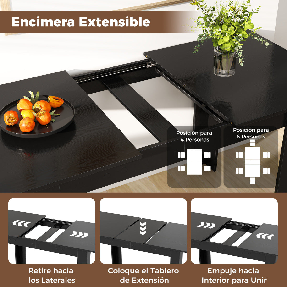 Mesa de Comedor Extensible Mesa de Cocina Moderna con Superficie Ajustable Patas en Forma de L Carga de 110 KG 158 x 70 x 76 cm Negro