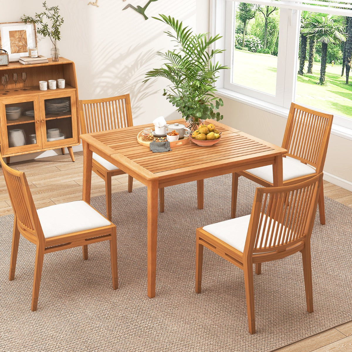 Mesa de Comedor Exterior para 4 Personas Cuadrada de 100 cm con Agujero para Sombrilla de 5 cm Natural