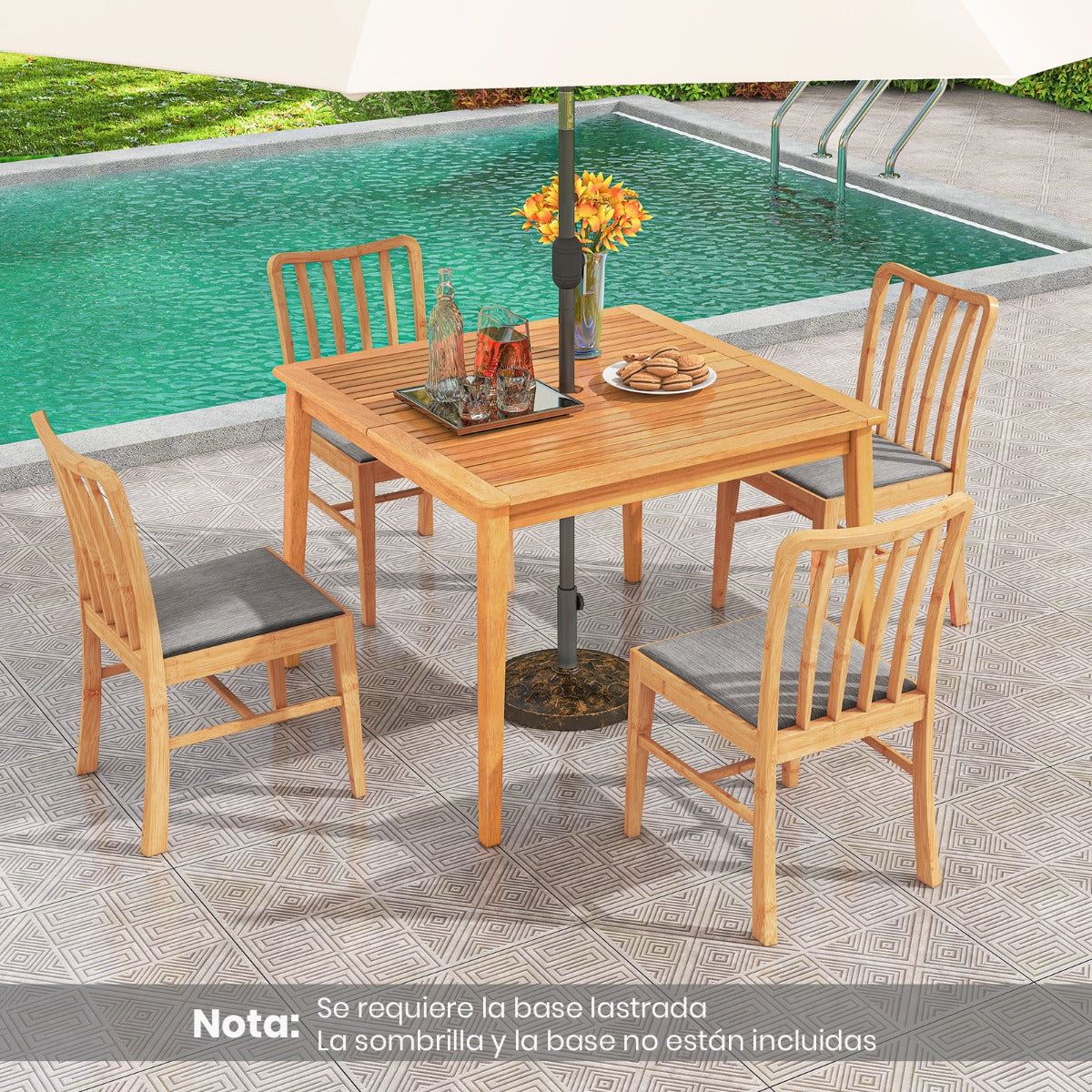 Mesa de Comedor Exterior para 4 Personas Cuadrada de 100 cm con Agujero para Sombrilla de 5 cm Natural