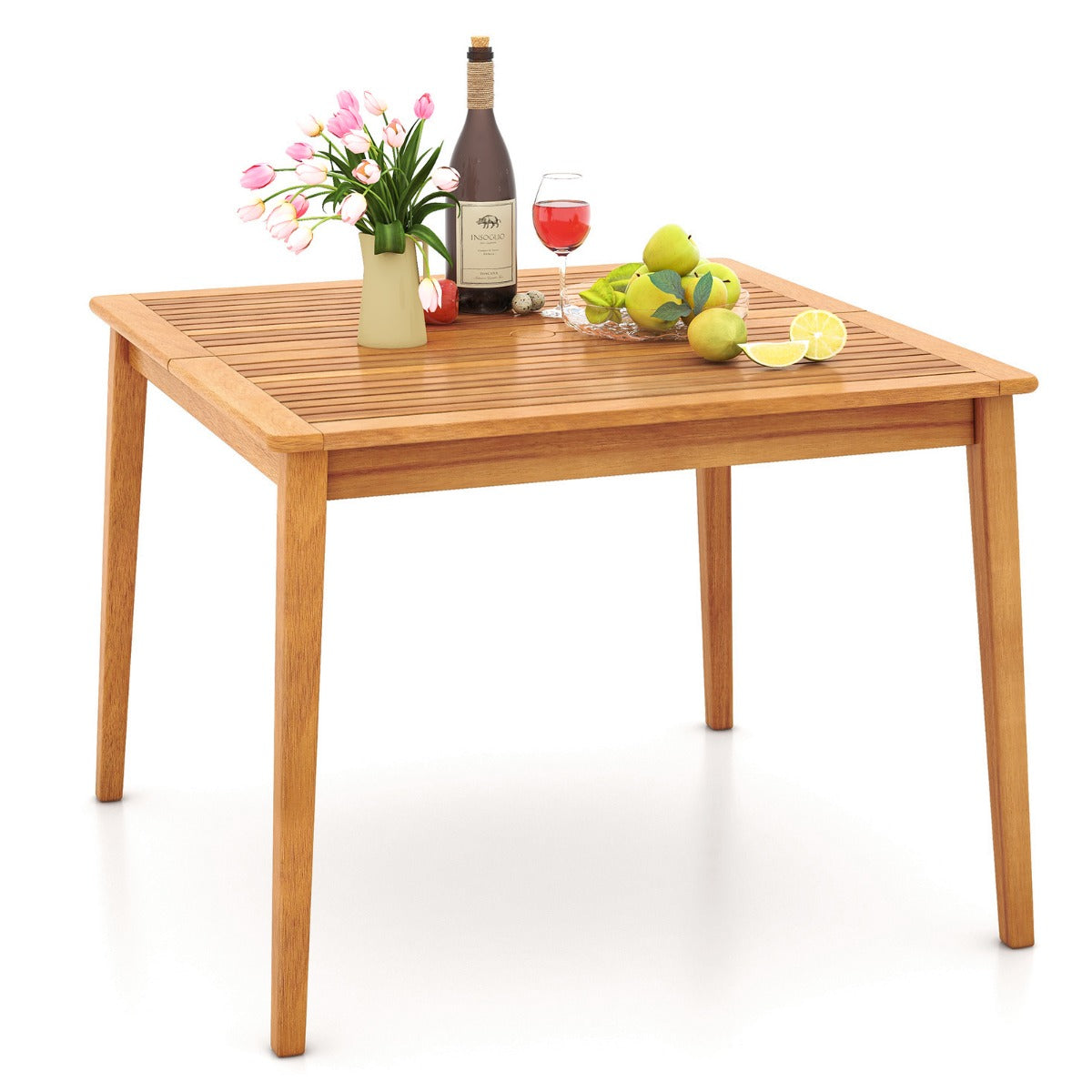 Mesa de Comedor Exterior para 4 Personas Cuadrada de 100 cm con Agujero para Sombrilla de 5 cm Natural