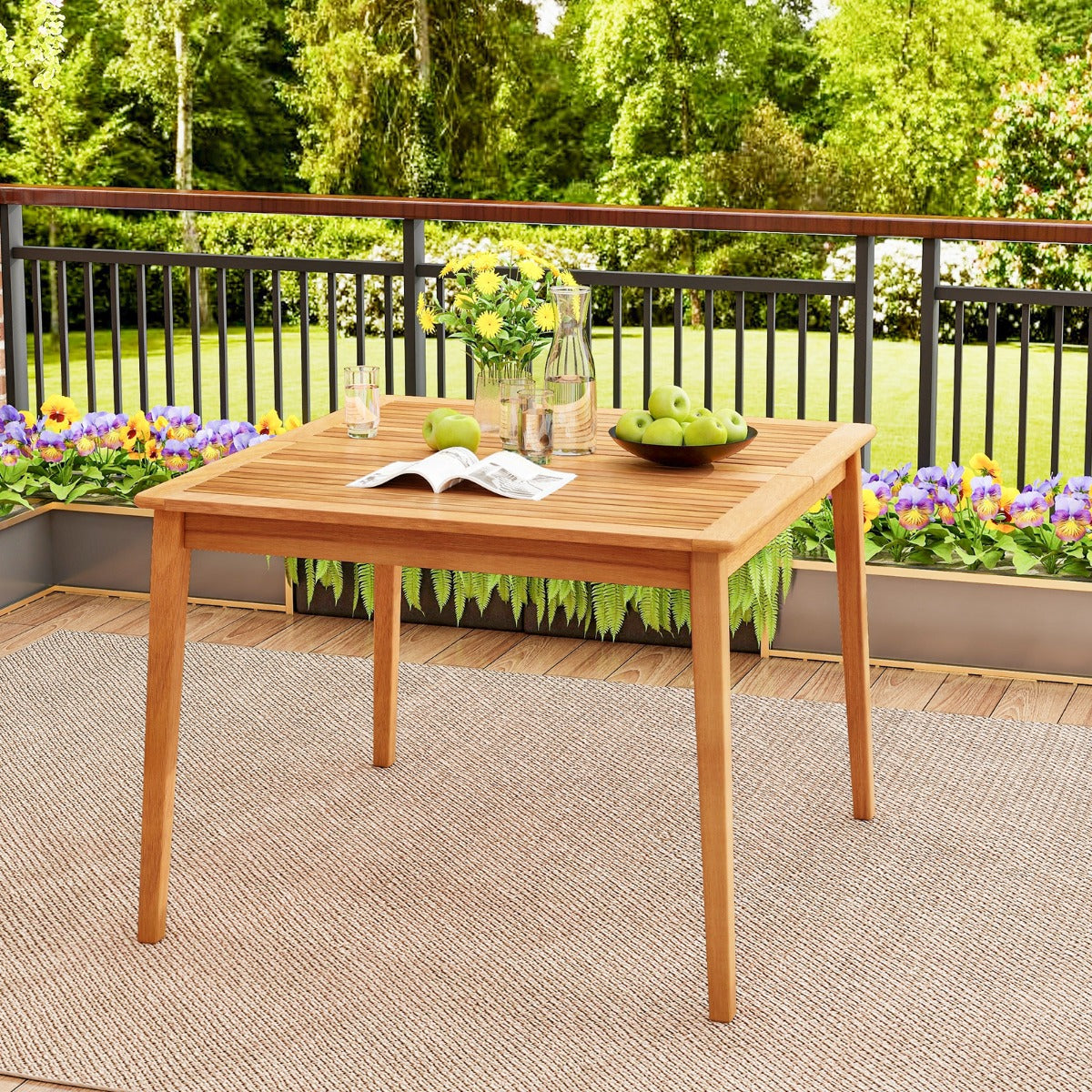 Mesa de Comedor Exterior para 4 Personas Cuadrada de 100 cm con Agujero para Sombrilla de 5 cm Natural