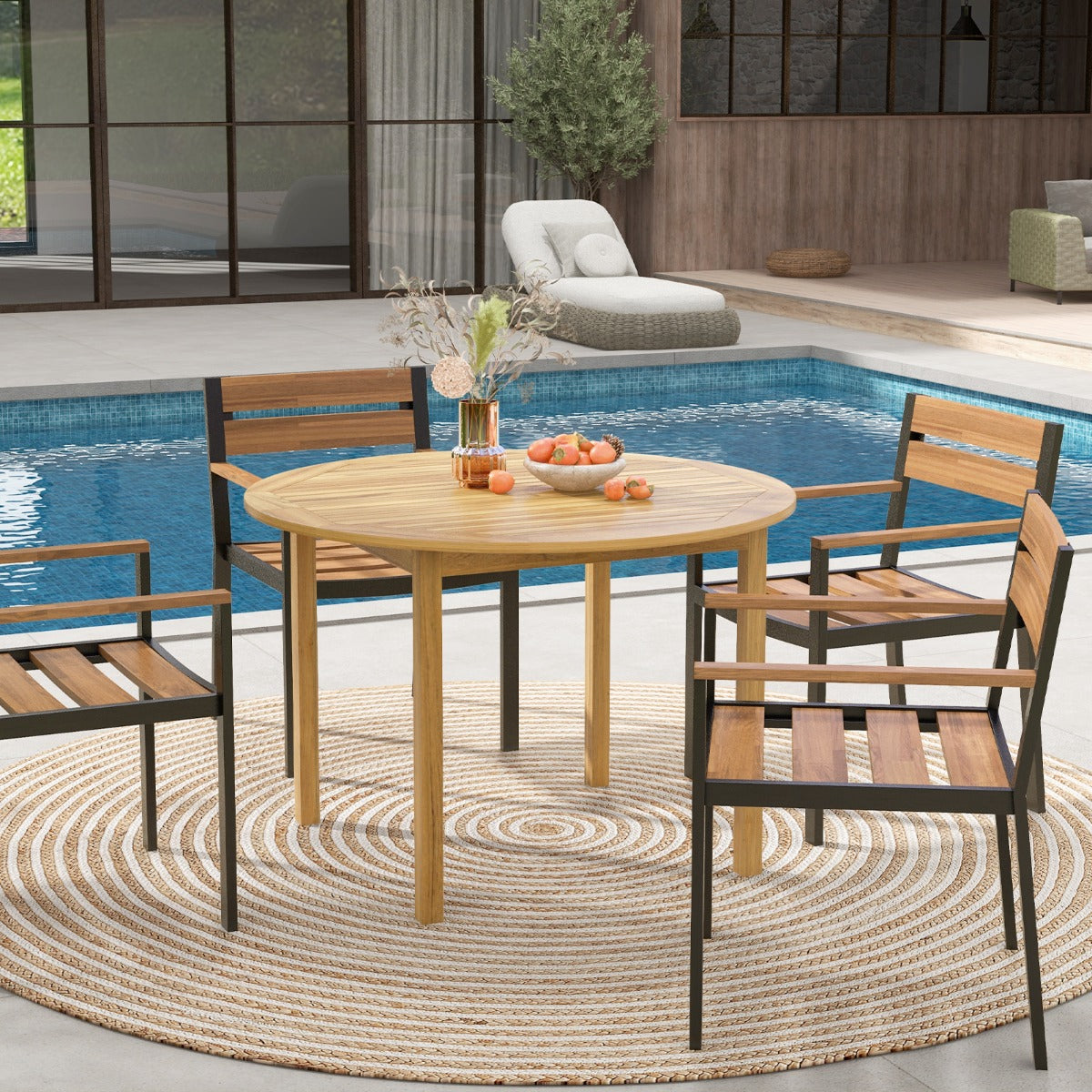 Mesa de Comedor Redonda de Madera de Acacia para 4 Personas Mesa de Jardín con Orificio para Sombrilla para Terraza 110 x 75 cm Natural