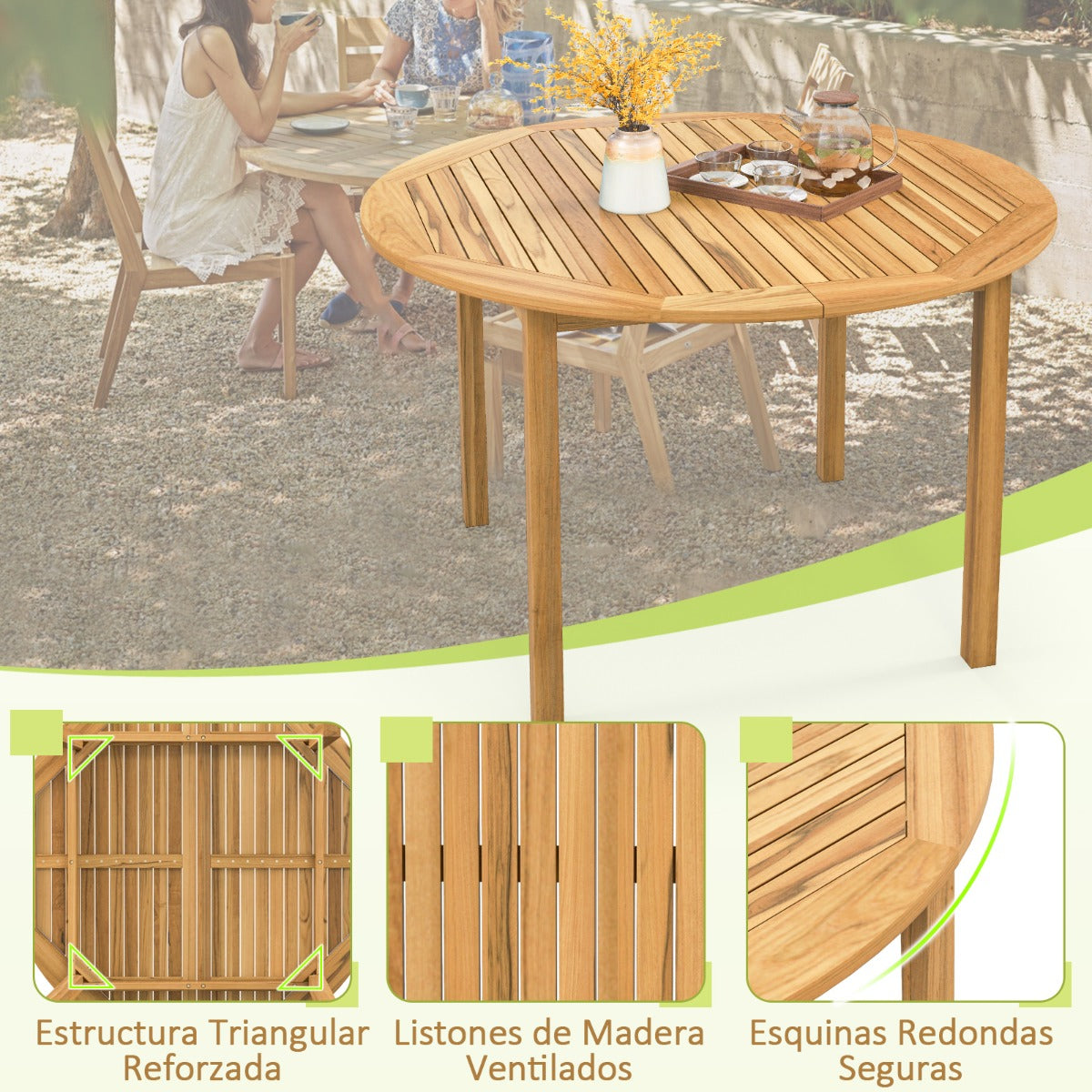 Mesa de Comedor Redonda de Madera de Acacia para 4 Personas Mesa de Jardín con Orificio para Sombrilla para Terraza 110 x 75 cm Natural