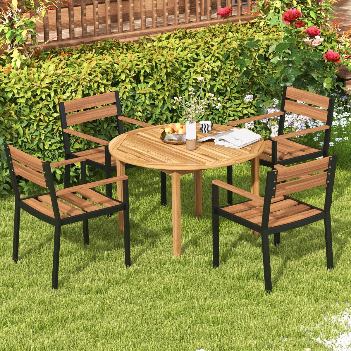 Mesa de Comedor Redonda de Madera de Acacia para 4 Personas Mesa de Jardín con Orificio para Sombrilla para Terraza 110 x 75 cm Natural