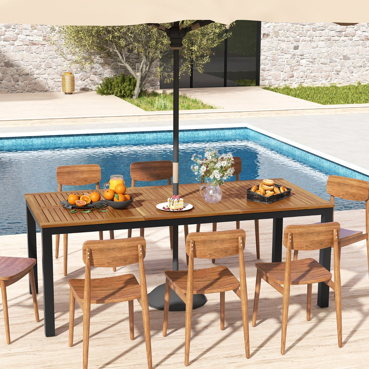 Mesa de Comedor Exterior para 8 Personas Mesa de Madera de Acacia de 200 cm con Orificio para Sombrilla Patas de Metal para Jardín