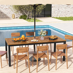 Mesa de Comedor Exterior para 8 Personas Mesa de Madera de Acacia de 200 cm con Orificio para Sombrilla Patas de Metal para Jardín