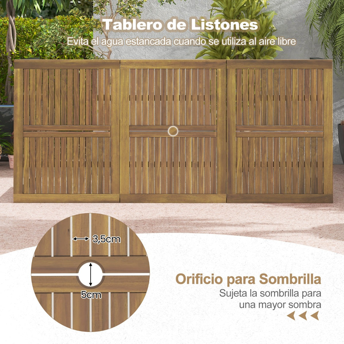 Mesa de Comedor Exterior para 8 Personas Mesa de Madera de Acacia de 200 cm con Orificio para Sombrilla Patas de Metal para Jardín