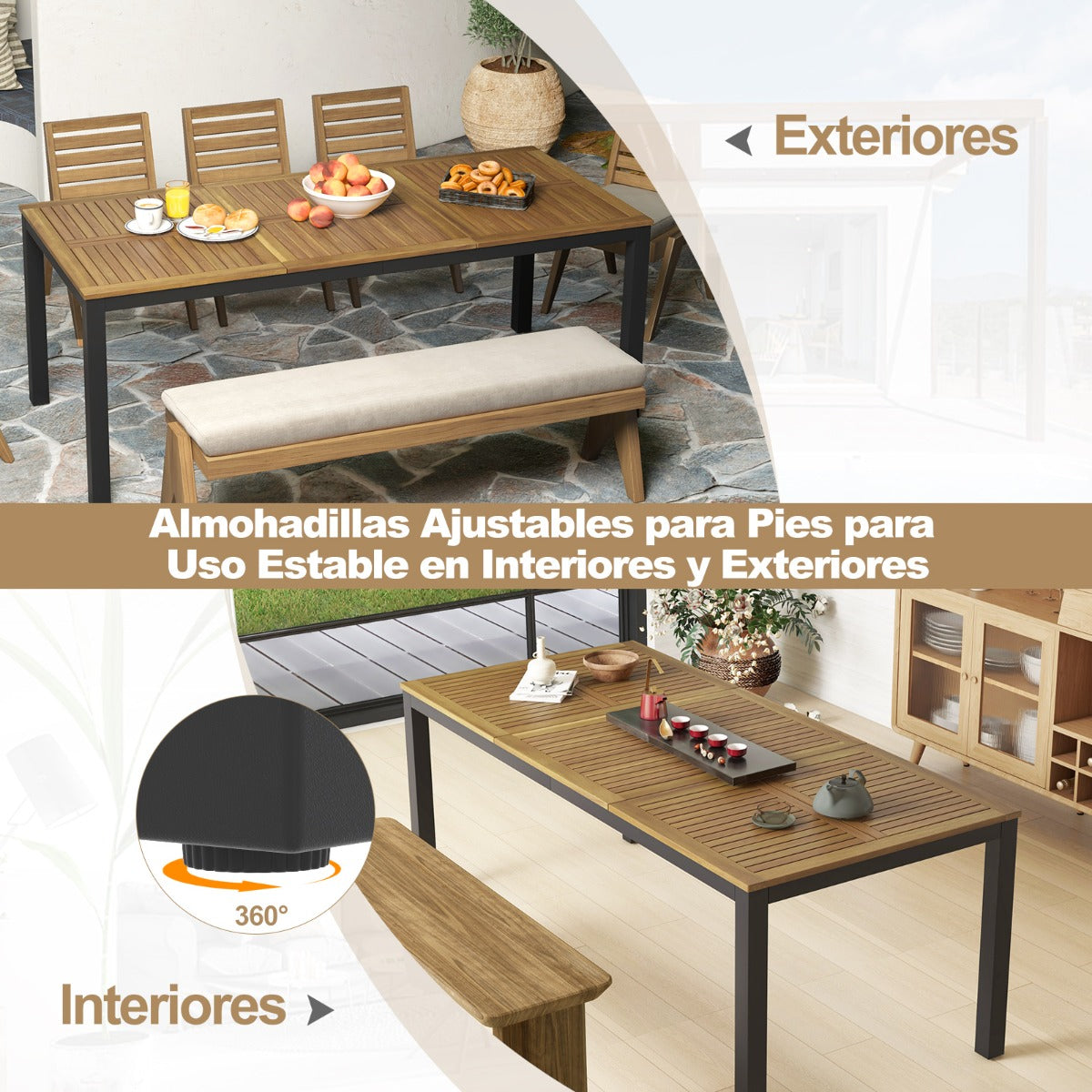 Mesa de Comedor Exterior para 8 Personas Mesa de Madera de Acacia de 200 cm con Orificio para Sombrilla Patas de Metal para Jardín