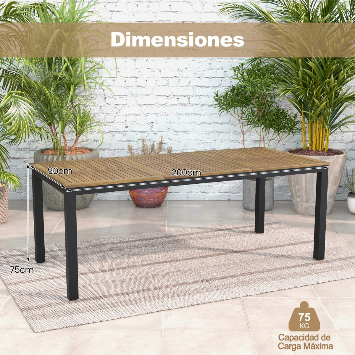 Mesa de Comedor Exterior para 8 Personas Mesa de Madera de Acacia de 200 cm con Orificio para Sombrilla Patas de Metal para Jardín