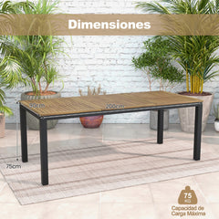 Mesa de Comedor Exterior para 8 Personas Mesa de Madera de Acacia de 200 cm con Orificio para Sombrilla Patas de Metal para Jardín