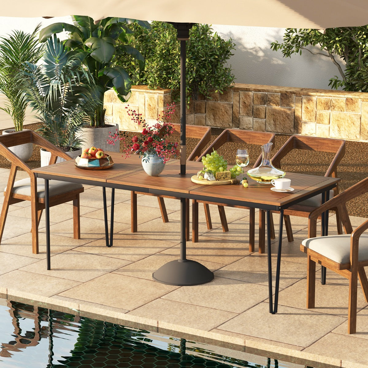 Mesa de Comedor para Exterior de 200 cm Mesa de Patio para 8 Personas con Orificio para Sombrilla Patas de Metal para Jardín Natural