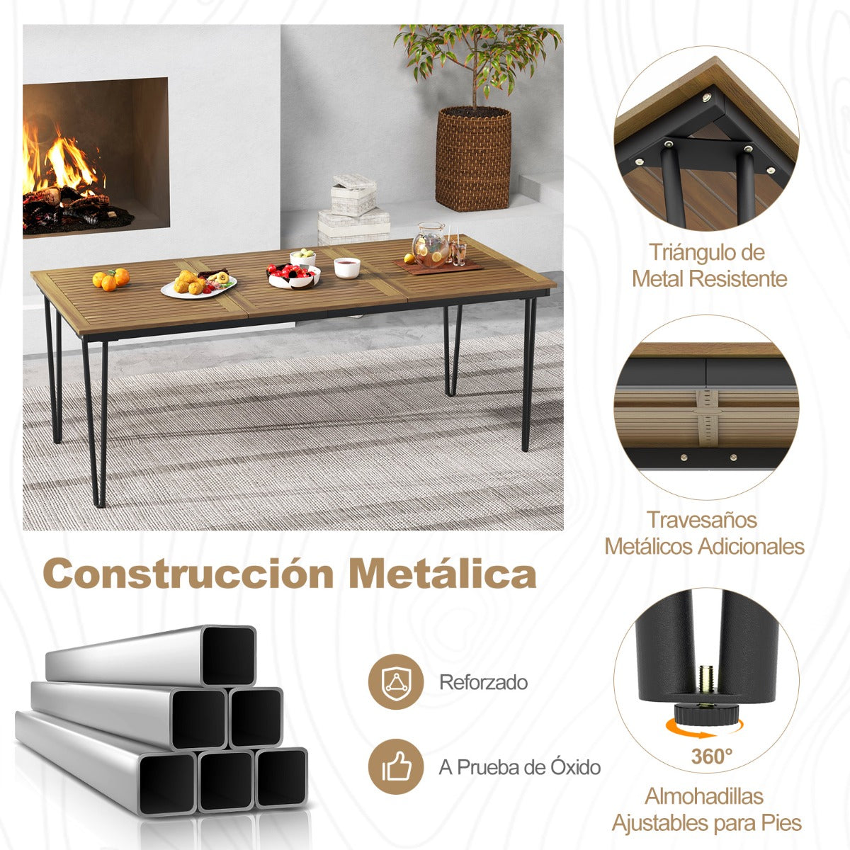 Mesa de Comedor para Exterior de 200 cm Mesa de Patio para 8 Personas con Orificio para Sombrilla Patas de Metal para Jardín Natural