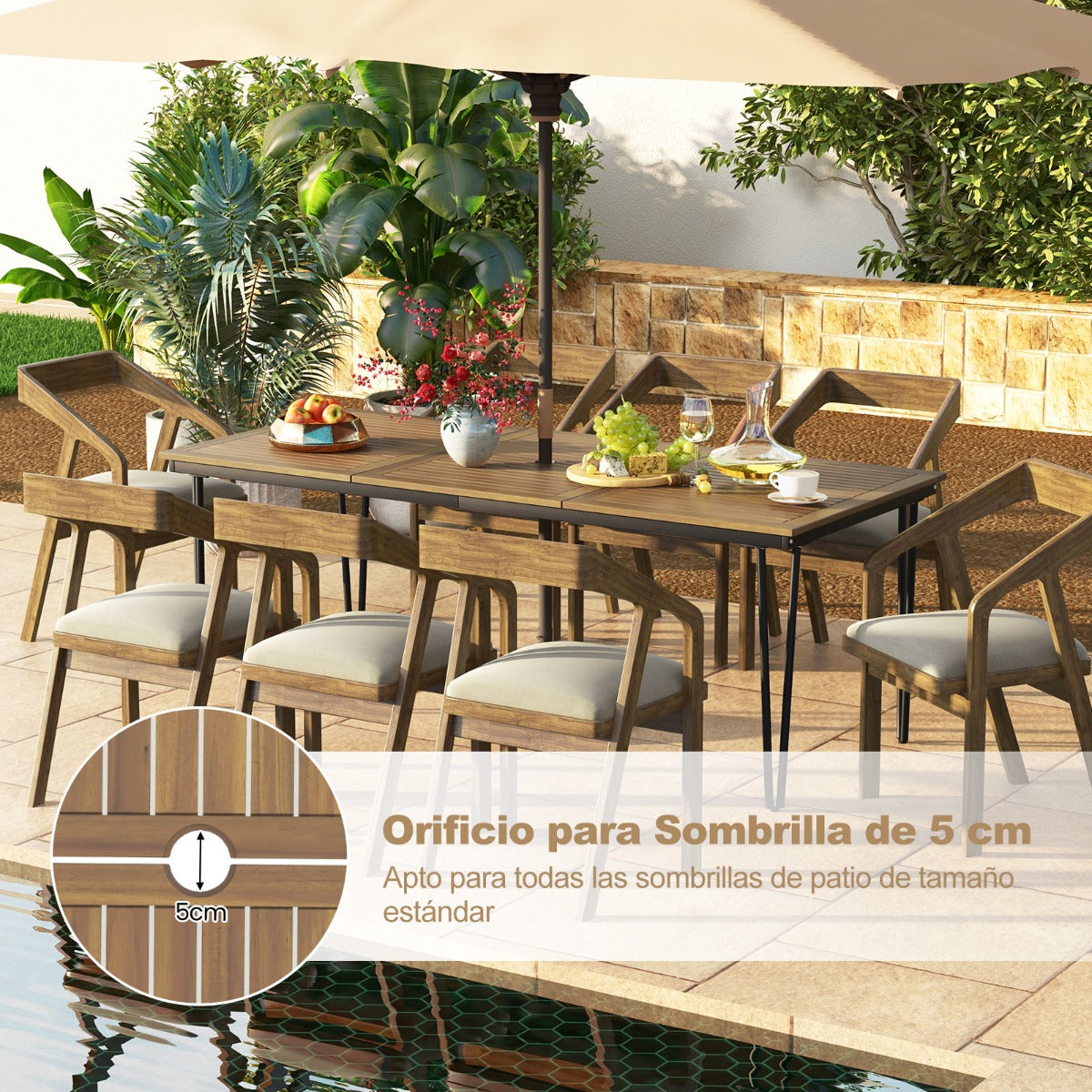 Mesa de Comedor para Exterior de 200 cm Mesa de Patio para 8 Personas con Orificio para Sombrilla Patas de Metal para Jardín Natural