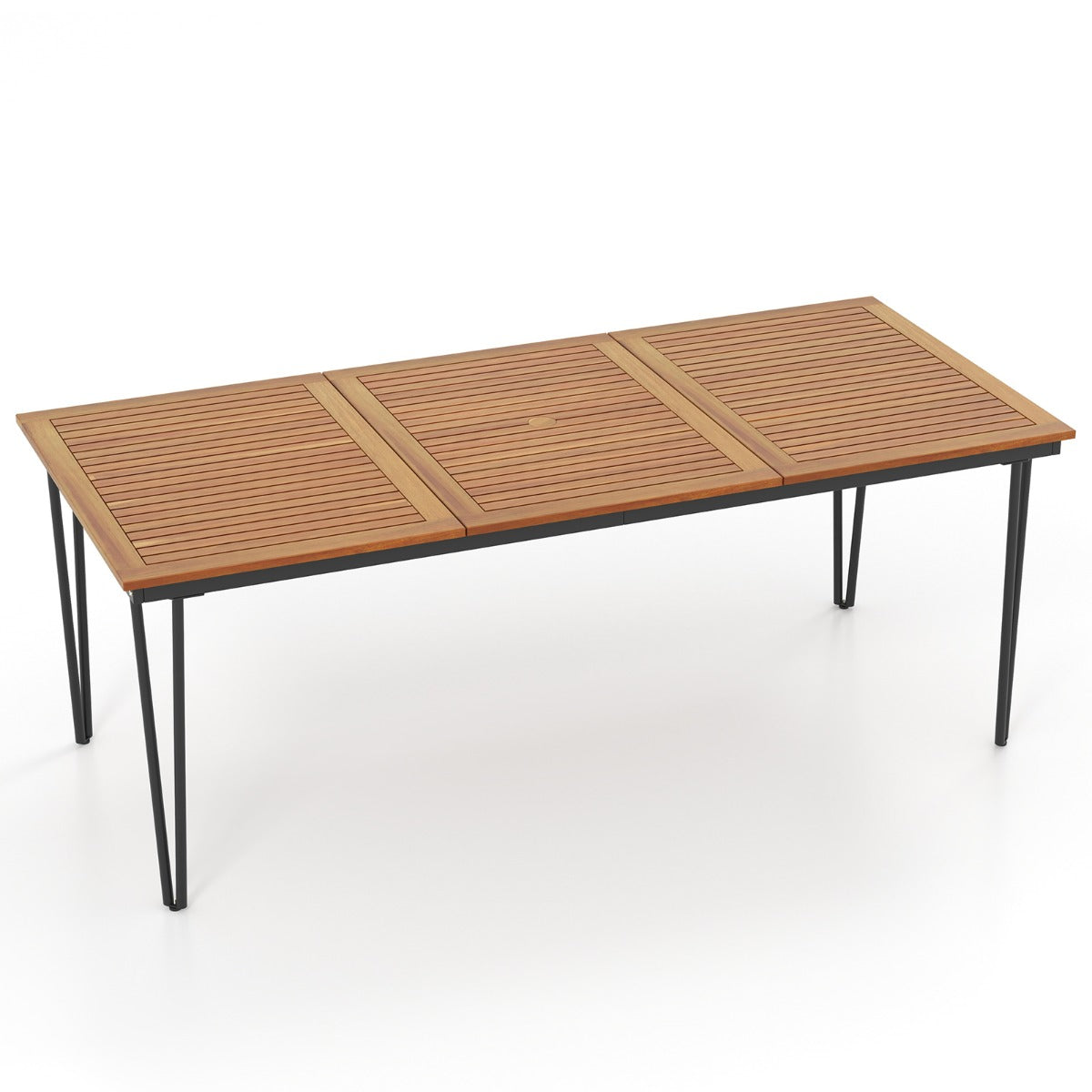 Mesa de Comedor para Exterior de 200 cm Mesa de Patio para 8 Personas con Orificio para Sombrilla Patas de Metal para Jardín Natural