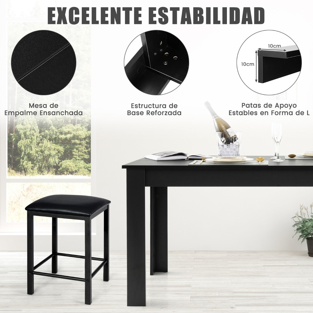 Mesa de Comedor Empalmada Rectangular con Patas en L Resistentes 160 x 80 x 76 cm Negro