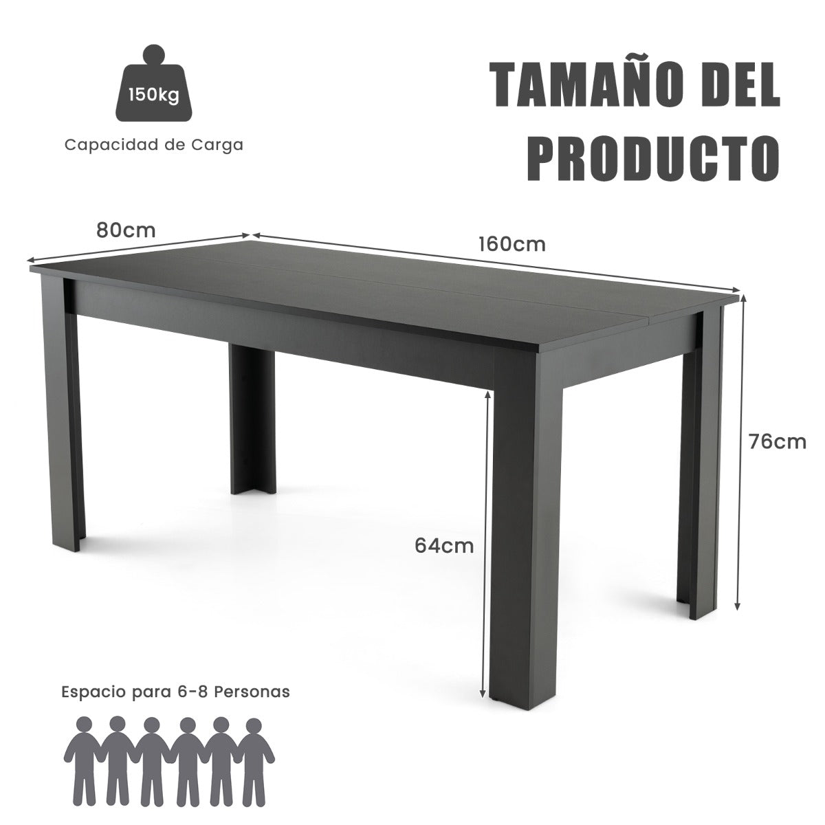 Mesa de Comedor Empalmada Rectangular con Patas en L Resistentes 160 x 80 x 76 cm Negro