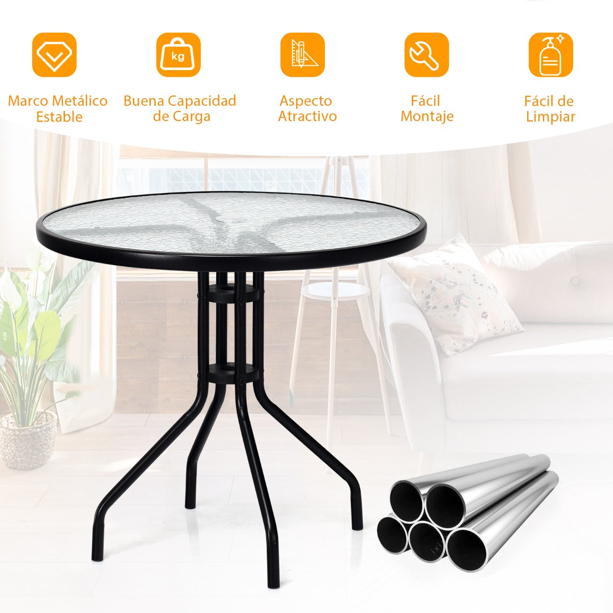 Mesa de Patio de 70 cm con Orificio Tablero de Vidrio Templado y Patas de Metal Resistentes Mesa Auxiliar Decorativa para Jardín Balcón