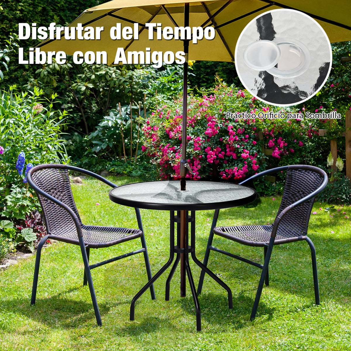 Mesa de Patio de 70 cm con Orificio Tablero de Vidrio Templado y Patas de Metal Resistentes Mesa Auxiliar Decorativa para Jardín Balcón