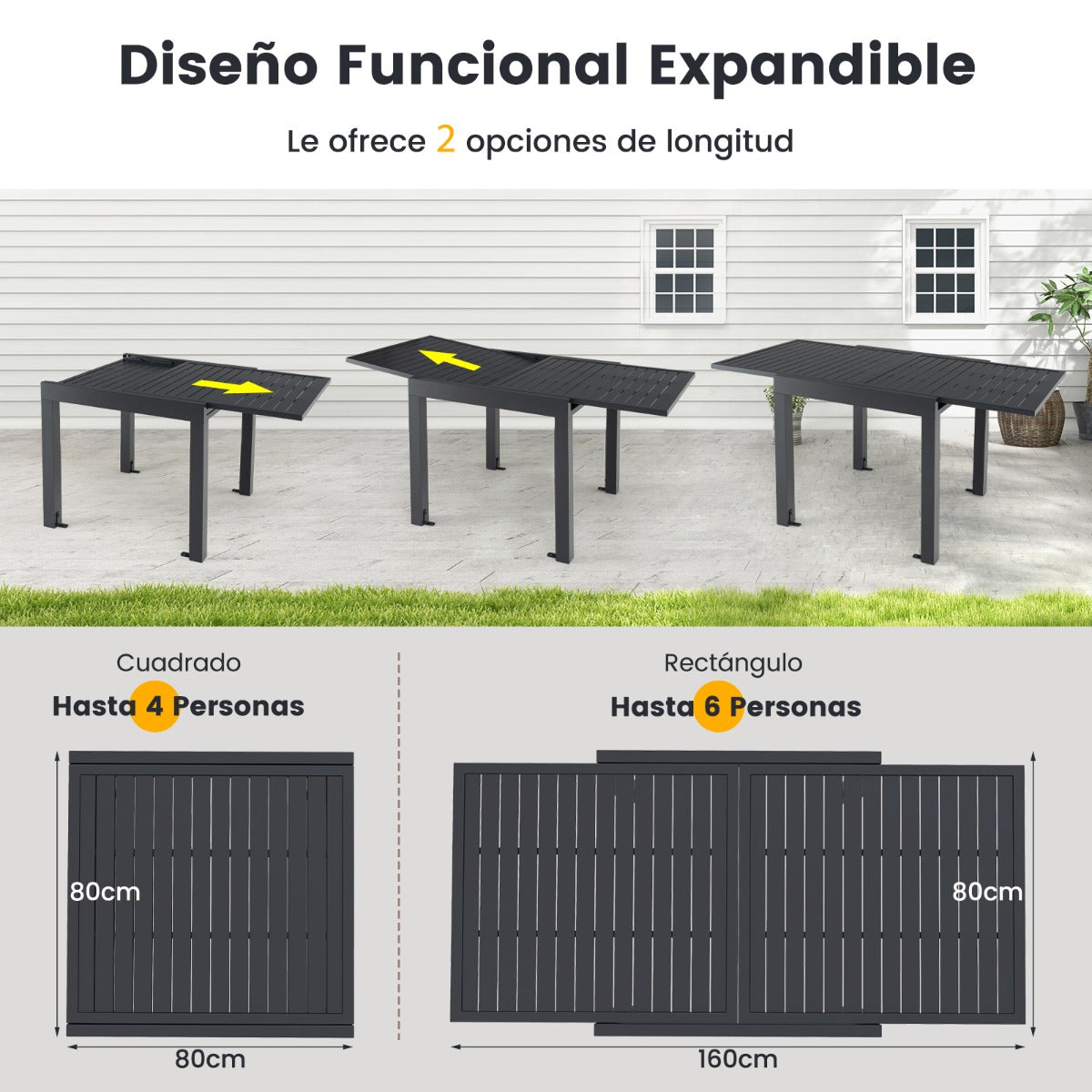 Mesa de Comedor Extensible Mesa de Aluminio de 80-160 cm para 4-6 Personas Mesa de Metal Cuadrada Rectangular para Patio Porche Gris