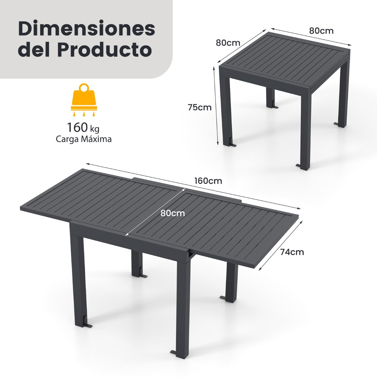 Mesa de Comedor Extensible Mesa de Aluminio de 80-160 cm para 4-6 Personas Mesa de Metal Cuadrada Rectangular para Patio Porche Gris