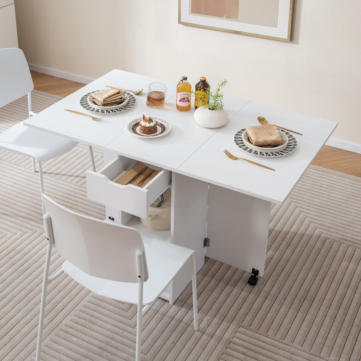 Mesa de Comedor Plegable con 2 Ruedas Mesa Abatible para Espacios Pequeños con Estante Cajón Mesa Consola Versátil para Cocina Blanco