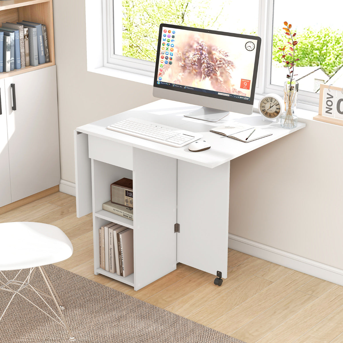 Mesa de Comedor Plegable con 2 Ruedas Mesa Abatible para Espacios Pequeños con Estante Cajón Mesa Consola Versátil para Cocina Blanco
