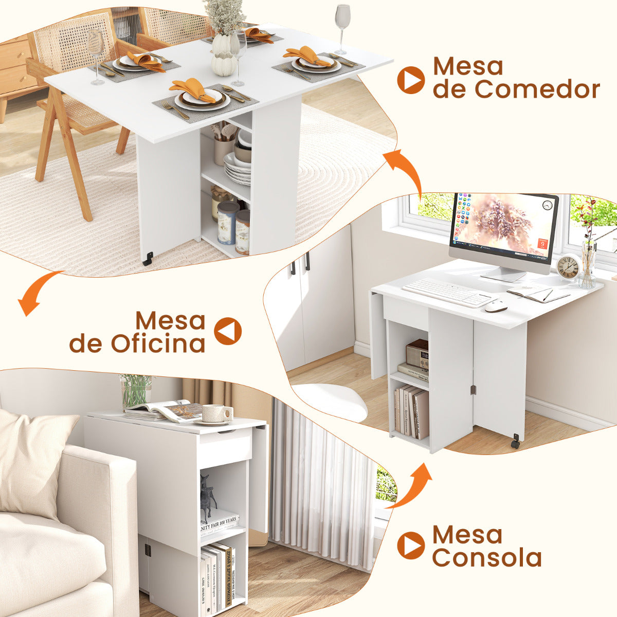Mesa de Comedor Plegable con 2 Ruedas Mesa Abatible para Espacios Pequeños con Estante Cajón Mesa Consola Versátil para Cocina Blanco