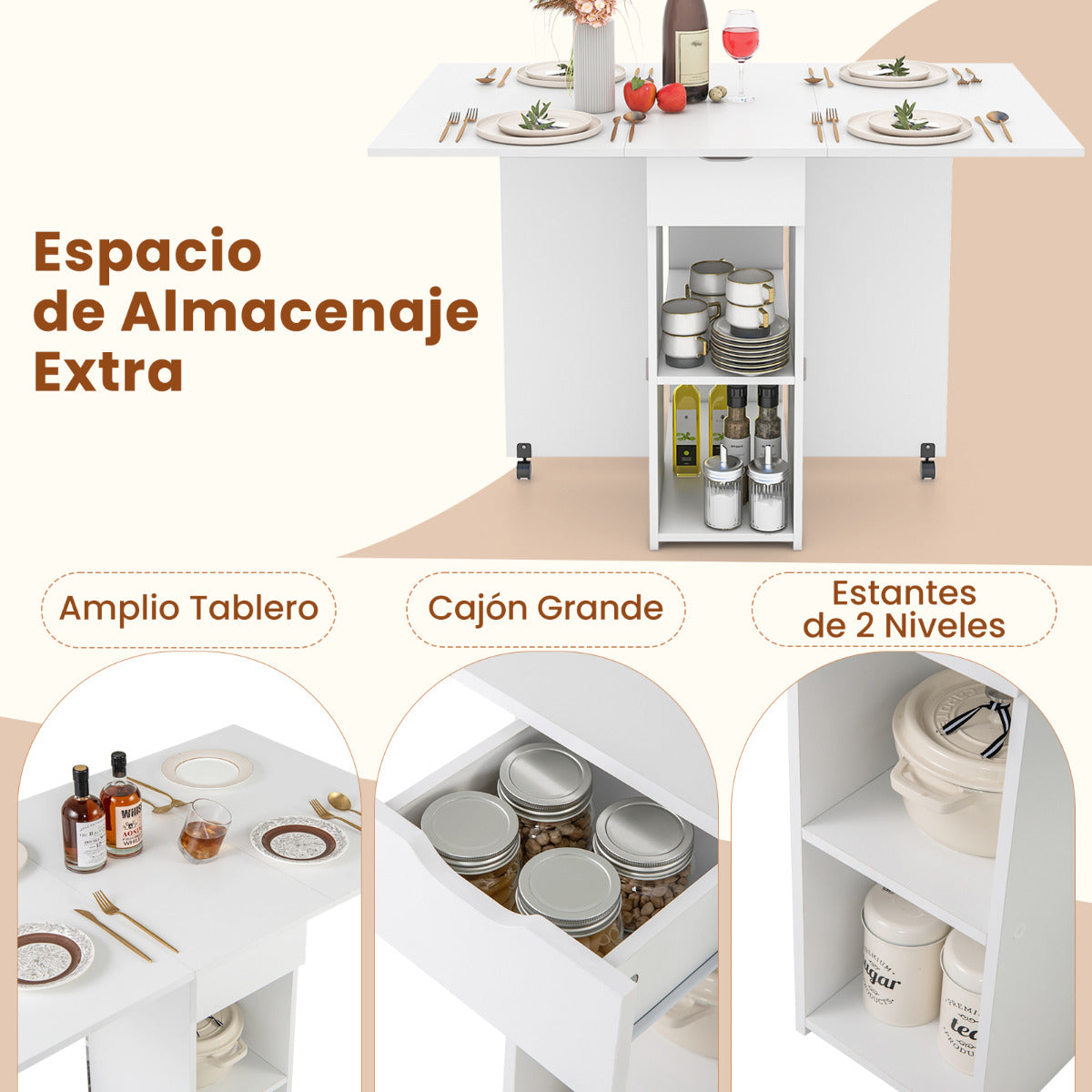 Mesa de Comedor Plegable con 2 Ruedas Mesa Abatible para Espacios Pequeños con Estante Cajón Mesa Consola Versátil para Cocina Blanco