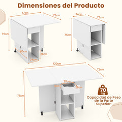 Mesa de Comedor Plegable con 2 Ruedas Mesa Abatible para Espacios Pequeños con Estante Cajón Mesa Consola Versátil para Cocina Blanco
