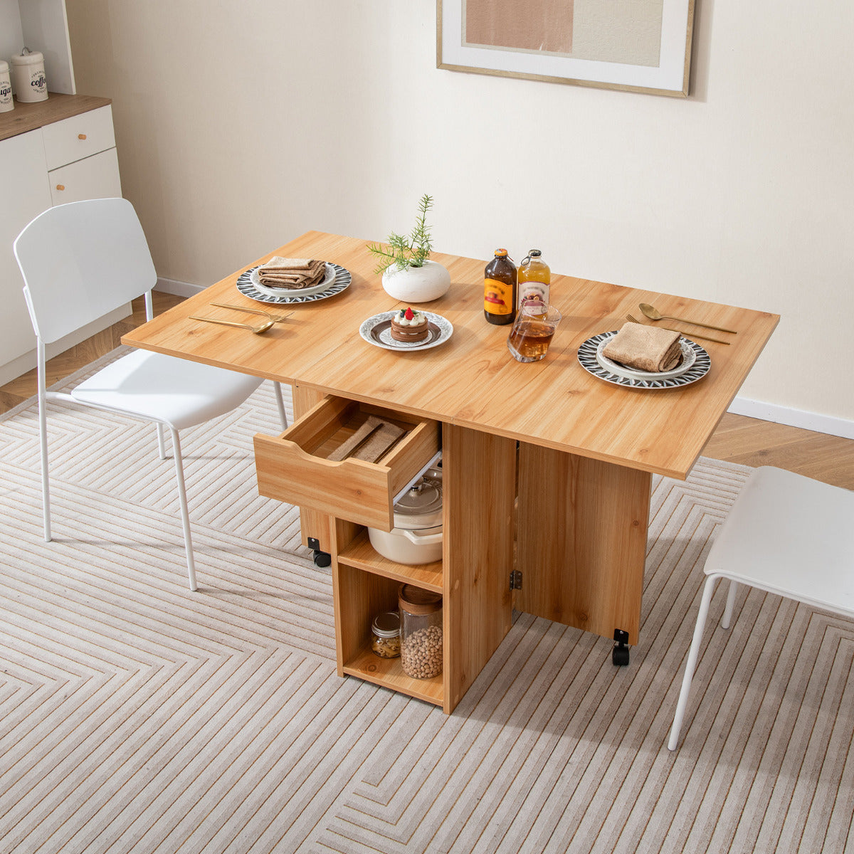 Mesa de Comedor Plegable con 2 Ruedas Mesa Abatible para Espacios Pequeños con Estante Cajón Mesa Consola Versátil para Cocina Natural