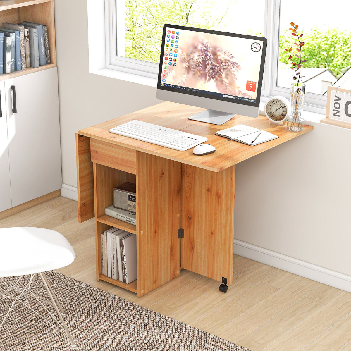 Mesa de Comedor Plegable con 2 Ruedas Mesa Abatible para Espacios Pequeños con Estante Cajón Mesa Consola Versátil para Cocina Natural