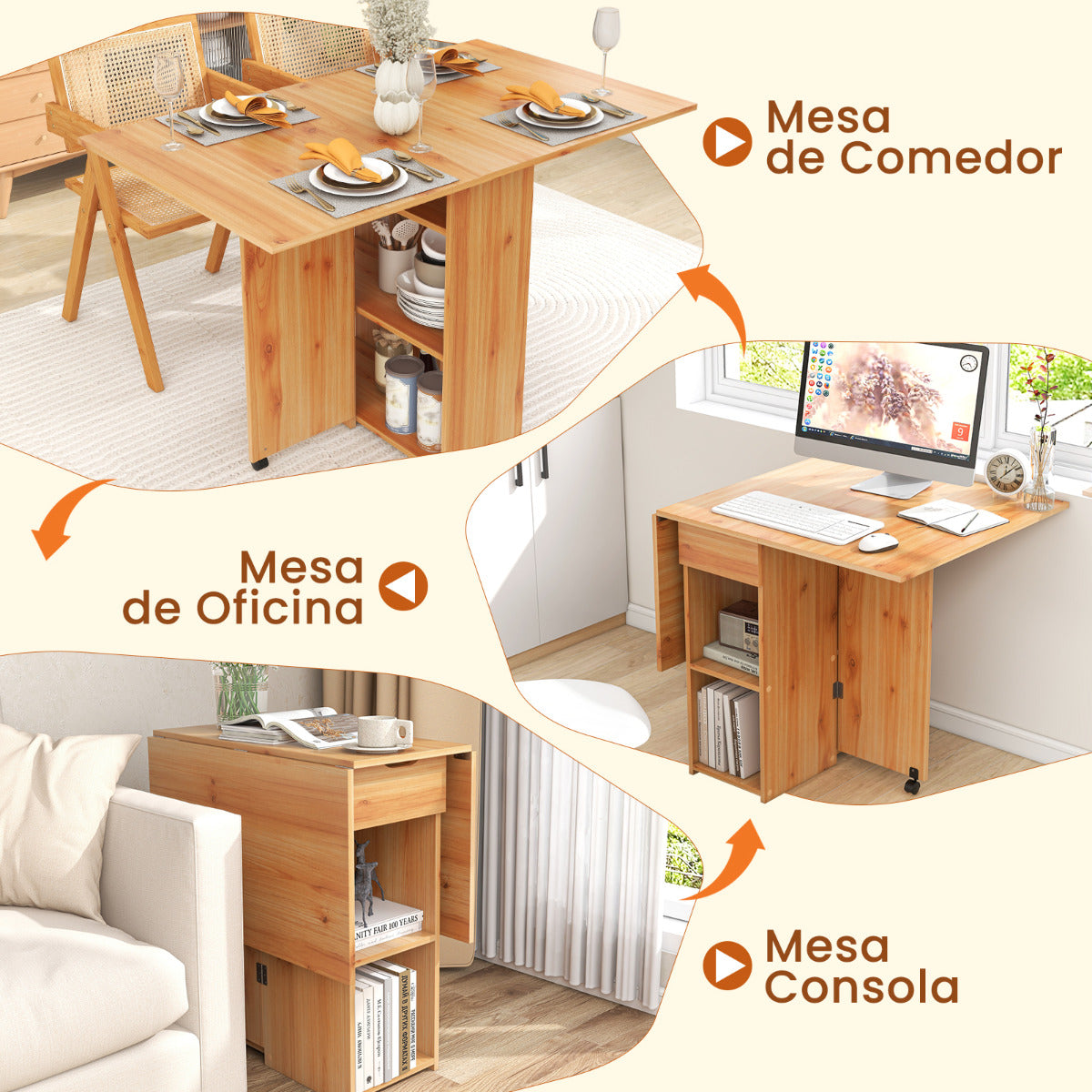 Mesa de Comedor Plegable con 2 Ruedas Mesa Abatible para Espacios Pequeños con Estante Cajón Mesa Consola Versátil para Cocina Natural