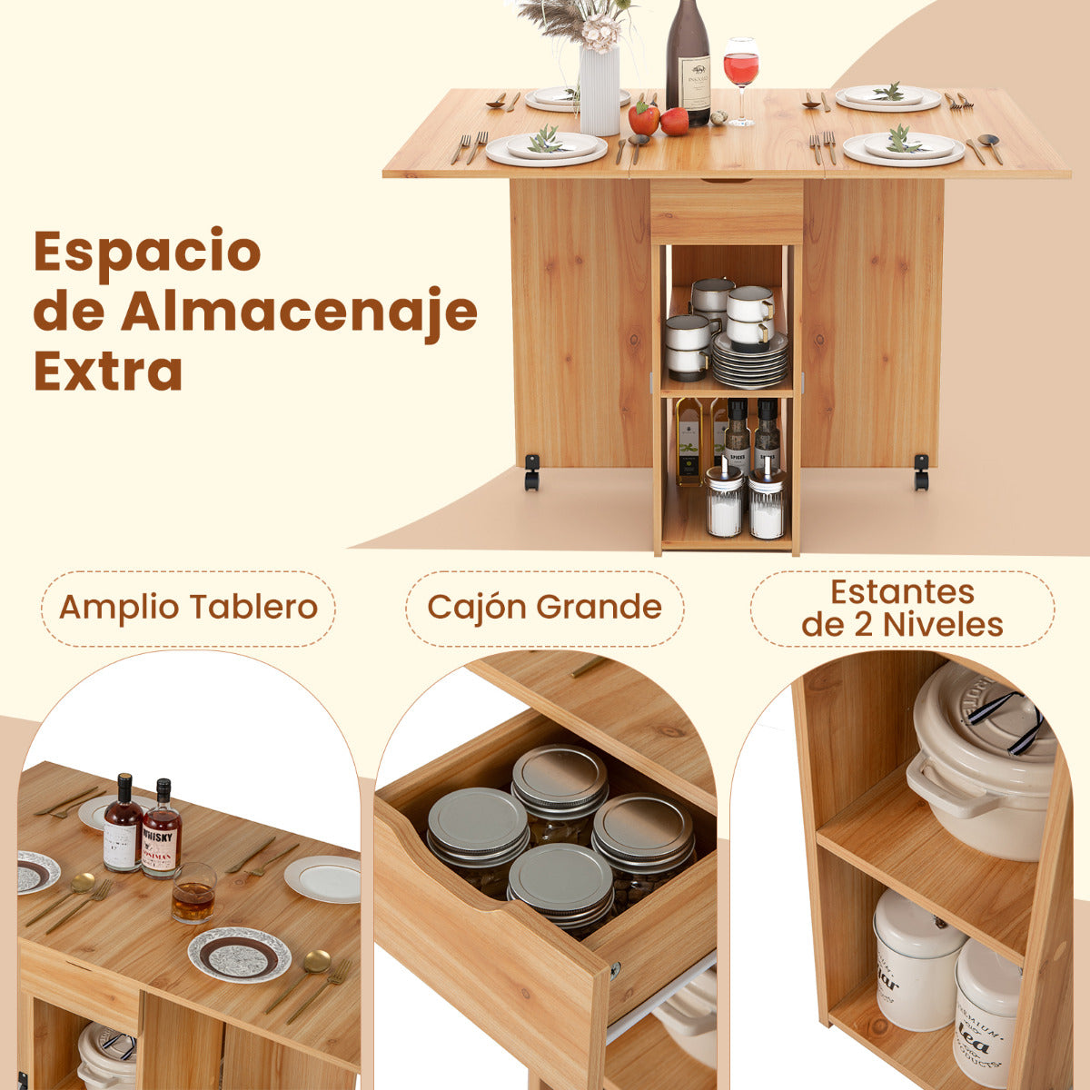 Mesa de Comedor Plegable con 2 Ruedas Mesa Abatible para Espacios Pequeños con Estante Cajón Mesa Consola Versátil para Cocina Natural