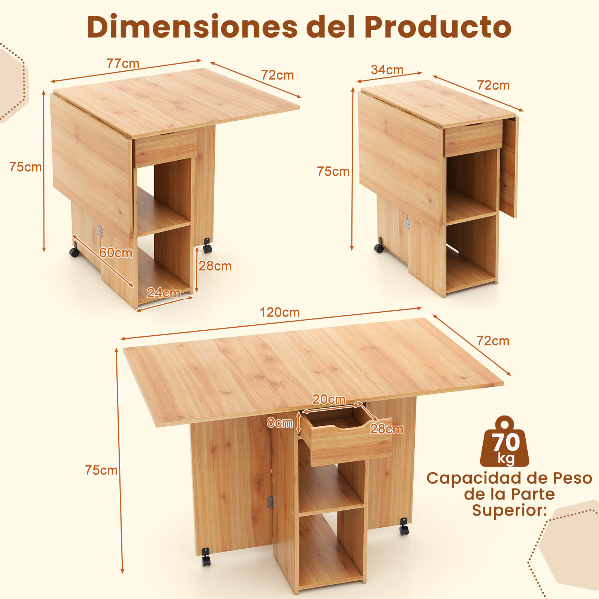 Mesa de Comedor Plegable con 2 Ruedas Mesa Abatible para Espacios Pequeños con Estante Cajón Mesa Consola Versátil para Cocina Natural
