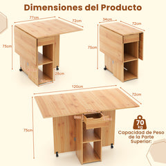Mesa de Comedor Plegable con 2 Ruedas Mesa Abatible para Espacios Pequeños con Estante Cajón Mesa Consola Versátil para Cocina Natural
