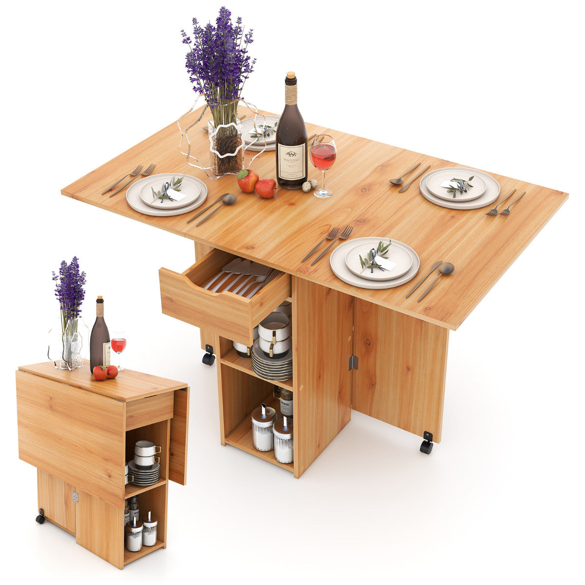 Mesa de Comedor Plegable con 2 Ruedas Mesa Abatible para Espacios Pequeños con Estante Cajón Mesa Consola Versátil para Cocina Natural