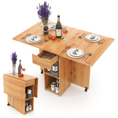 Mesa de Comedor Plegable con 2 Ruedas Mesa Abatible para Espacios Pequeños con Estante Cajón Mesa Consola Versátil para Cocina Natural