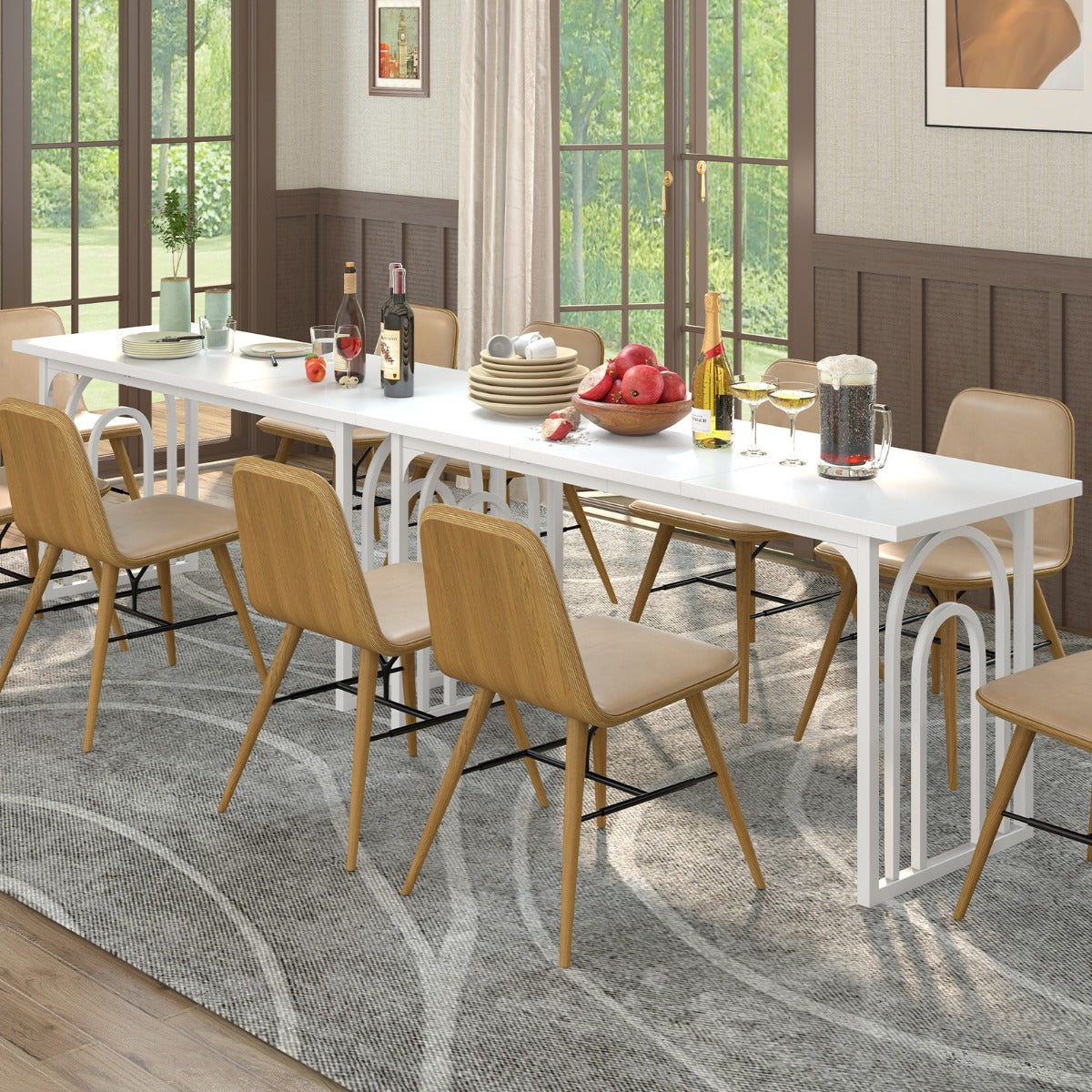 Mesa de Comedor para 6-8 Personas Mesa de Cocina Rectangular de 160 cm con Patas de Metal de Mediados de Siglo para Restaurante Blanco