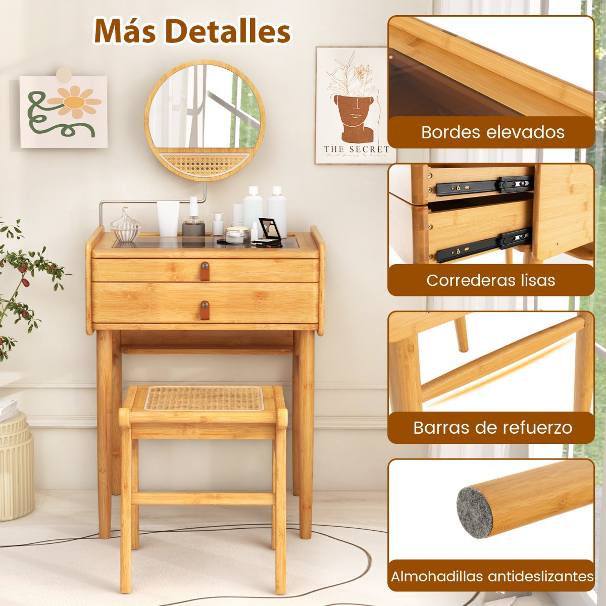 Mesa de de Maquillaje con Espejo Parte Superior de Vidrio Templado y 2 Cajones de Almacenamiento 60 x 46,5 x 124 cm Natural