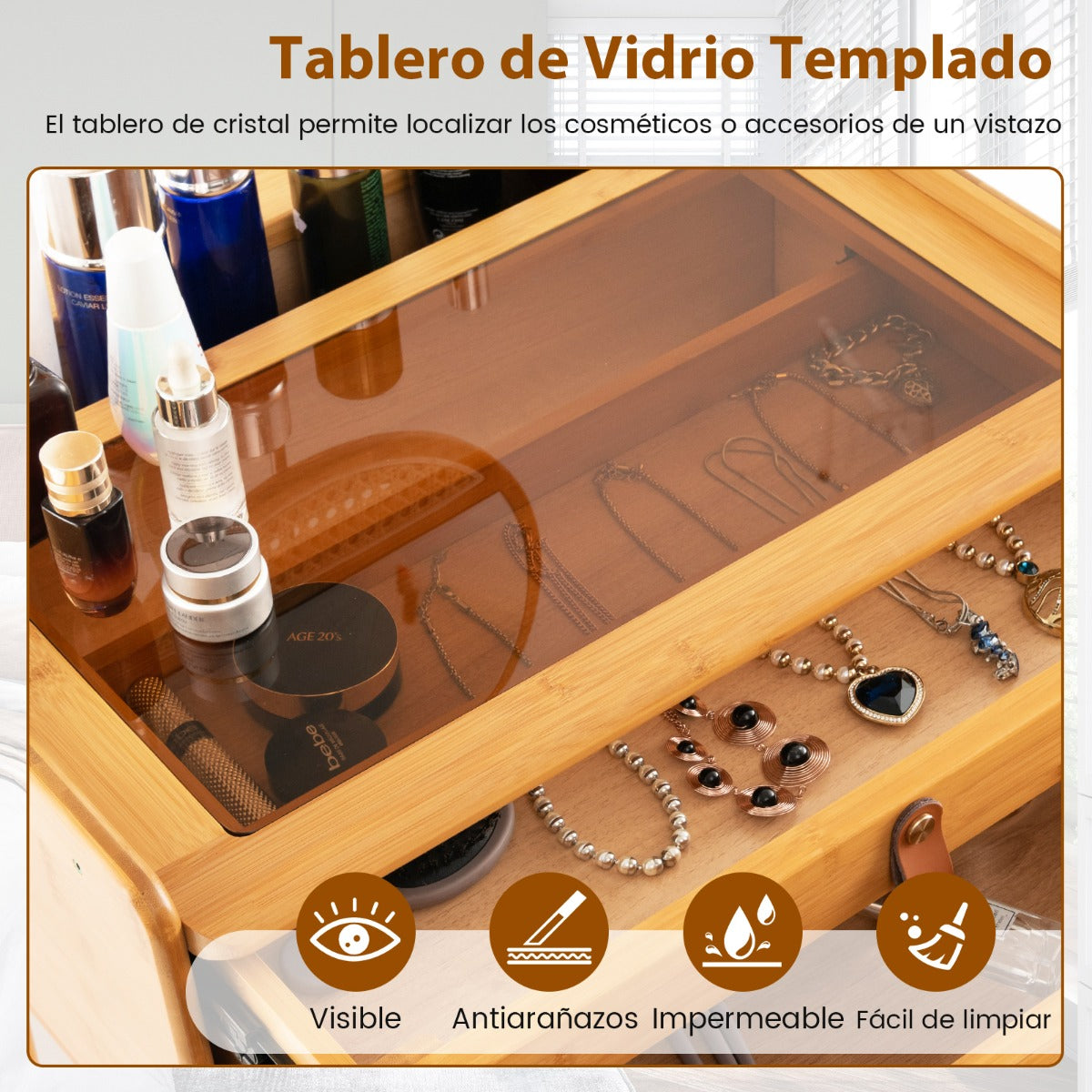 Mesa de de Maquillaje con Espejo Parte Superior de Vidrio Templado y 2 Cajones de Almacenamiento 60 x 46,5 x 124 cm Natural