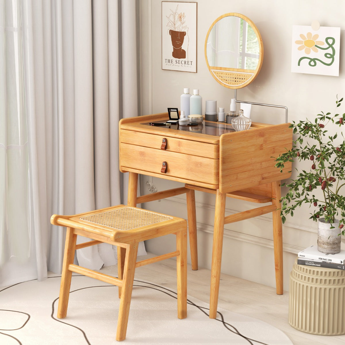 Mesa de de Maquillaje con Espejo Parte Superior de Vidrio Templado y 2 Cajones de Almacenamiento 60 x 46,5 x 124 cm Natural