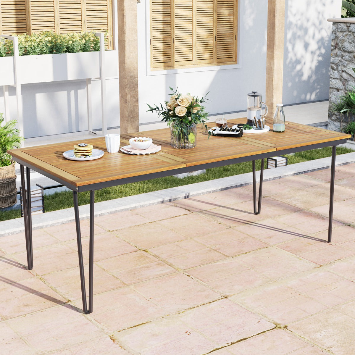 Mesa de Exterior para 8 Personas con Agujero para Sombrilla Superficie de Acacia y Estructura Metálica 200 x 90 x 75 cm Natural