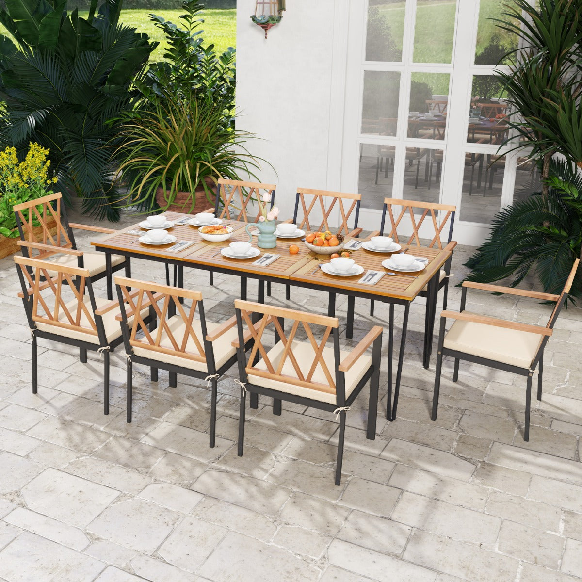 Mesa de Exterior para 8 Personas con Agujero para Sombrilla Superficie de Acacia y Estructura Metálica 200 x 90 x 75 cm Natural