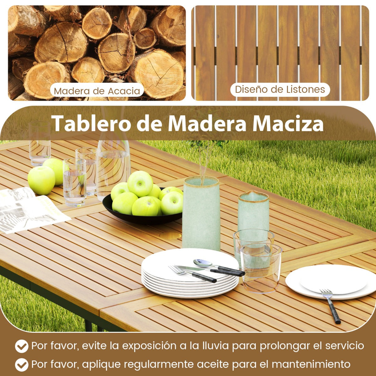 Mesa de Exterior para 8 Personas con Agujero para Sombrilla Superficie de Acacia y Estructura Metálica 200 x 90 x 75 cm Natural