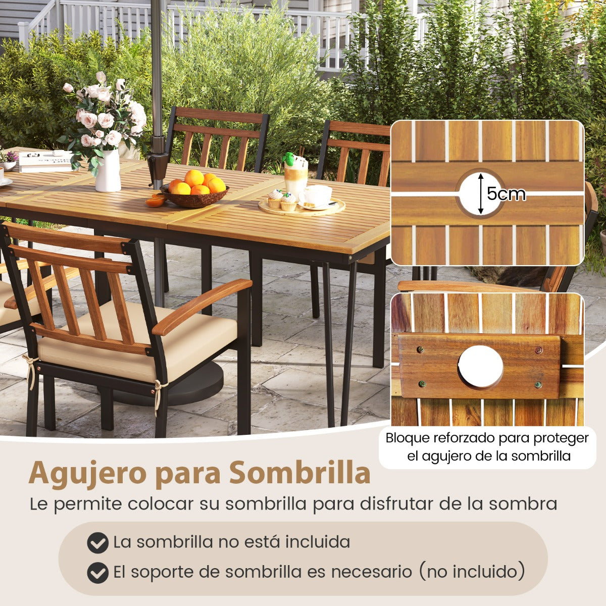 Mesa de Exterior para 8 Personas con Agujero para Sombrilla Superficie de Acacia y Estructura Metálica 200 x 90 x 75 cm Natural