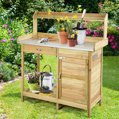 Mesa de Jardinería Banco de Trabajo para Plantas con Cajón Estante Abierto y 3 Ganchos Banco de Jardinería de Madera para Exterior Jardín