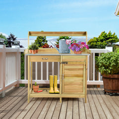 Mesa de Jardinería Banco de Trabajo para Plantas con Cajón Estante Abierto y 3 Ganchos Banco de Jardinería de Madera para Exterior Jardín