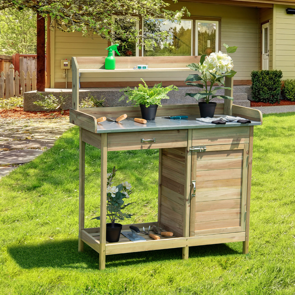 Mesa de Jardinería Banco de Trabajo para Plantas con Cajón Estante Abierto y 3 Ganchos Banco de Jardinería de Madera para Exterior Jardín